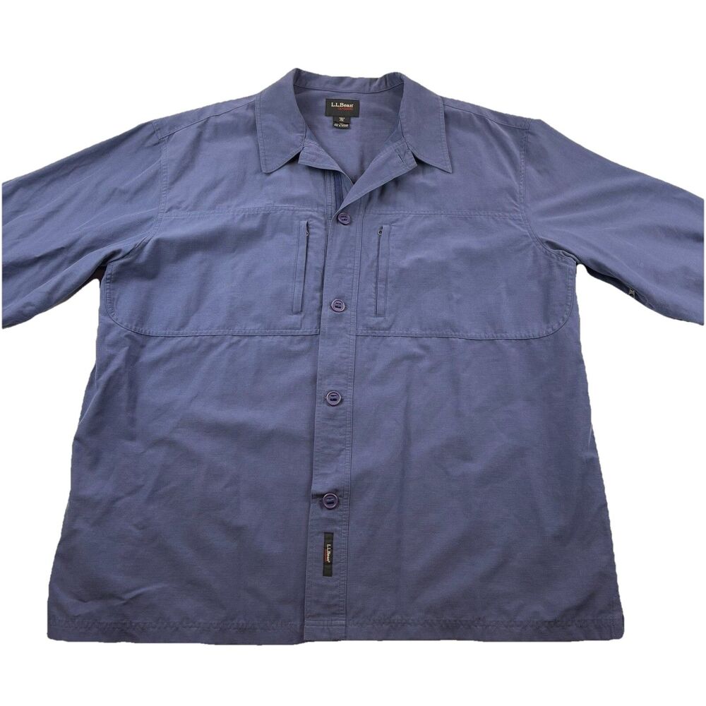 LL Bean Outdoors Button Up Shirt Jacket Mens XXL Blue Zip Pockets Vented Pits